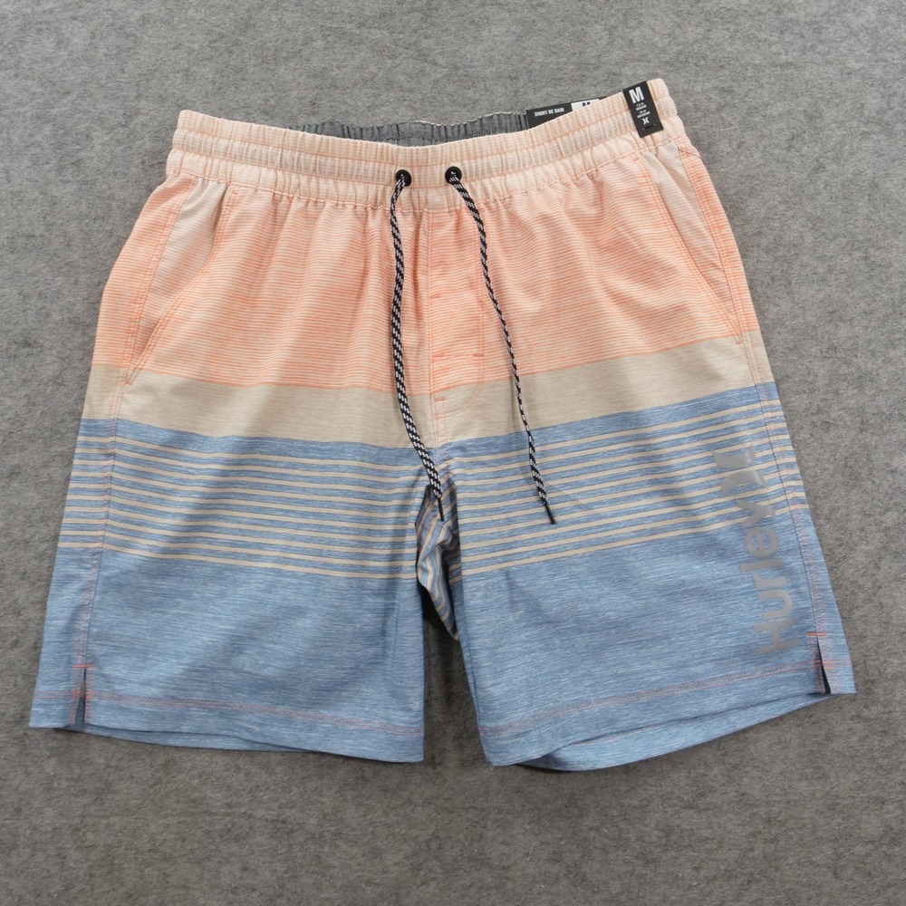 Hurley Swim Shorts Mens Medium Orange Blue Striped Board Trunks UPF 50+ New